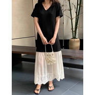 酷章（KUZHANG）chic夏季優(yōu)雅氣質(zhì)V領(lǐng)寬松撞色拼接歐根紗蕾絲花邊短袖連衣裙 黑色 均碼