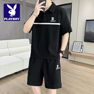 花花公子;PLAYBOY冰絲涼感短袖t恤男2025夏季新款時尚百搭套裝休閑舒適潮牌兩件套 黑色 L 120-140斤