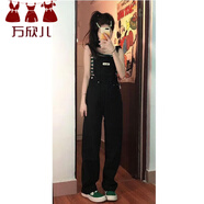 萬欣兒黑色牛仔背帶褲女夏季2025年新款高腰寬松直筒拖地褲闊腿褲子ins 黑色 S 建議90-100斤
