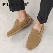 帕彬豆豆鞋男新款男鞋鞋透氣英倫一腳蹬套腳休閑商務(wù)皮鞋青年駕車(chē)潮鞋 卡其色 38