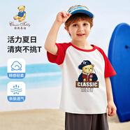 Classic Teddy兒童短袖男童T恤女童上衣夏季新款童裝寶寶衣服半袖夏裝1 棒球帽子熊同色插肩紅色 140