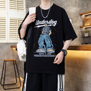 花花公子（PLAYBOY）冰絲短袖t恤男生寬松潮牌涼感體恤2025新款青少年初高中學(xué)生上衣 黑色 M