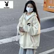 花花公子vintage復(fù)古開衫連帽衛(wèi)衣男女秋冬寬松bf慵懶風(fēng)加絨加厚外套ins潮 杏色(加絨款) 好質(zhì)量 L 建議105-120斤