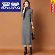 羅蒙（ROMON）長款毛衣裙過膝2024秋冬季新款高領(lǐng)大碼女裝羊毛針織連衣裙氣質(zhì) 灰色 M (建議90-105斤)