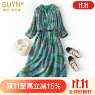 GUYN國際一線品牌微米級手感紅情綠意連衣裙春秋松緊腰修身中長裙 綠色七分袖 S (100斤以內(nèi))