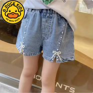 G.DUCKKIDS女童牛仔短褲兒童韓版高腰寬松熱褲2025新款夏季薄款大童女孩褲子 釘珠開(kāi)叉蝴蝶結牛仔短褲 160 cm 建議150-160cm10-12歲