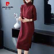 皮爾卡丹（pierre cardin）針織衫女士秋冬高領(lǐng)過膝中長款加厚毛衣打底衫搭配大衣針織連衣裙 酒紅色 S