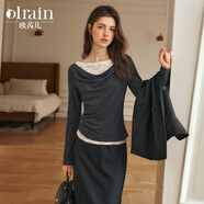 Olrain歐芮兒灰色長(cháng)袖T恤女秋季新款蕾絲一字肩蕩領(lǐng)雙層上衣 灰色 XL