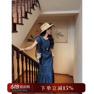 三吉黑花【自由派】女裝2024新款夏裝時(shí)髦工裝口袋釣系約會(huì )牛仔裙 藏藍 現貨 M