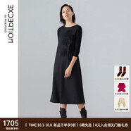 例外（EXCEPTION）新中式女裝春秋款羊毛長(cháng)裙混紡長(cháng)袖繡花A字連衣裙 黑色/99 M