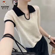 啄木鳥(niǎo)涼感天絲短袖t恤女2025夏季新款翻領(lǐng)撞色針織衫小衫氣質(zhì)洋氣上衣 米白色 L 100-110