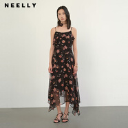 NEELLY納儷商場同款夏季新款法式印花拼接吊帶裙女不規(guī)則裙擺長裙慕斯粉S
