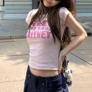 九寸陽(yáng)光辣妹字母印花短袖t恤女2025新款純欲風(fēng)顯瘦緊身短款上衣 粉色印花T恤 M