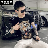 3dt恤立體印花夏季男3DT恤修身上衣社會(huì)精神小伙半袖緊身網(wǎng)紅痞帥潮流短袖體恤 3D老虎短袖【后背無(wú)圖案】 S