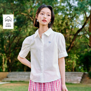 茵曼通勤壓褶泡泡袖全棉襯衫夏季女裝翻領(lǐng)刺繡襯衣上衣 白色  L