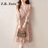 Z.R.Zoro奢侈品連衣裙女2025夏季新款遮肚顯瘦七分袖碎花裙氣質(zhì)雪紡連衣裙 粉色 M