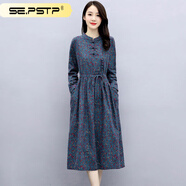 夏典素訂女王（SE.PSTP）素訂高端棉麻連衣裙女2022新款中長(cháng)款中媽媽碎花秋裝收腰長(cháng)袖洋氣 灰藍色 XL 建議131-145斤