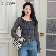 朵以（Duoyi）39DQ12303625秋款輕熟優(yōu)雅甜美荷葉邊圓領(lǐng)喇叭袖打攬修身上衣 珍珠灰 S