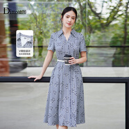 Ditto/迪圖2025秋季新款職場(chǎng)氣質(zhì)連衣裙V領(lǐng)腰帶時(shí)尚通勤中長(cháng)裙 深藍 S
