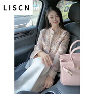LISCN新中式短外套女裝花朵提花國風(fēng)長(cháng)袖盤(pán)扣立領(lǐng)改良唐裝寬松緞面上衣 圖片色 S [90-105斤]