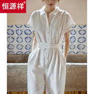 恒源祥法式卡其色套裝女2025夏季新款簡(jiǎn)約翻領(lǐng)系帶連體褲長(zhǎng)褲兩件套減齡 白色 L 101-111斤