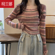 柯蘭娜設(shè)計(jì)感條紋方領(lǐng)短款上衣女長袖t恤女春秋甜辣修身內(nèi)搭打底針織衫 紫色長袖 均碼 適合70-90斤