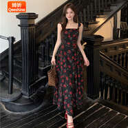 婍妡（Qeeshine）女裝夏季法式復(fù)古玫瑰花色大擺裙吊帶裙+黑色開衫兩件套 玫瑰吊帶裙 2XL 【建議140-155斤】