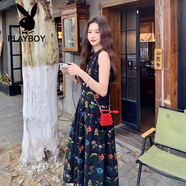 花花公子（PLAYBOY）黑色法式文藝氣質(zhì)繡花連衣裙女2025夏新款獨特別致多巴胺無袖長裙 連衣裙 新款面料升級版 M 115斤內(nèi)