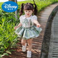 迪士尼女童jk制服套裝夏2025新款夏季女寶寶學院風兩件套周歲半身格子裙 品牌淺綠色+上衣+蝴蝶結 100