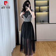 皮爾卡丹（pierre cardin）輕奢高級感燙鉆T恤連衣裙女夏2025新款一片式網(wǎng)紗半身裙子兩件套 小香裙+網(wǎng)紗裙 S