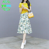 YOMC小個(gè)子時(shí)尚套裝2025年夏季新款女洋氣t恤碎花雪紡連衣裙子兩件套 2040#黃色上衣+裙子 L 【建議105-120斤】