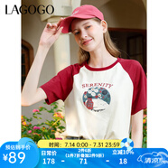 lagogo卡通印花撞色T恤女拉谷谷春季新款純棉透氣插肩短袖上衣 米紅(TH) L