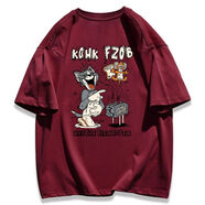 鮮冠100%純棉重磅韓版貓和老鼠印花潮流短袖T恤男女ins寬松百搭夏季上 180克-酒紅 L