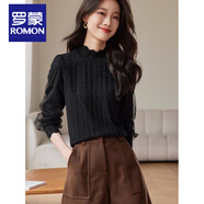 羅蒙（ROMON）法式黑色半高領(lǐng)長(zhǎng)袖蕾絲衫女2025秋冬大碼微胖mm寬松別致打底上衣 黑色 L
