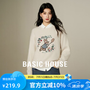 Basic House/百家好兔子刺繡落肩毛衣女2025冬季保暖圓領(lǐng)套頭上衣 米色 S