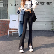 OLDER SEA黑色開(kāi)叉高腰牛仔褲女夏季2025新款顯瘦小個(gè)子馬蹄微喇叭褲子女 黑色 L 建議110-120斤