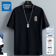 真維斯（Jeanswest）冰絲中袖男2025夏季簡約印花寬松冰感速干短袖T恤男士大碼上衣服 黑色（復古字體胸標） 4XL (體重205-230斤)