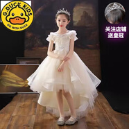 G.duck女童拖尾禮服霸氣前短后長(cháng)走秀演出服兒童連衣裙洋氣蓬蓬紗演出服 香檳色【BX2060無(wú)袖】 170 cm