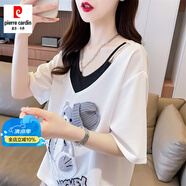 皮爾卡丹（pierre cardin）輕奢高檔v領(lǐng)拼接短袖t恤女夏季2024新款寬松韓版假兩件女裝T恤 杏色 M (適合80-110斤)
