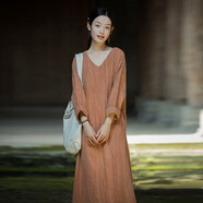 2025春夏苧麻棉新款扎染原創(chuàng  )新中式長(cháng)裙居家旅游文藝范女式連衣裙 橘染（扎染長(cháng)袖 均碼