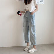 濮水方方春夏韓版2025BF風(fēng)破洞闊腿褲淺色哈倫牛仔褲老爹褲女裝 腰帶+919淺藍(lán) 常規(guī) S