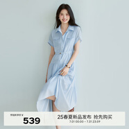 伊芙麗（eifini）伊芙麗醋酸腰帶收腰蛋糕A擺通勤襯衫式連衣裙女2025夏裝新款 天空藍 預(yù)售[30天]發(fā) M 105-115斤