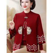 新中式媽媽裝針織打底小衫套裝50歲中老年女裝秋冬毛衣外套洋氣60 紅色 XL 建議80-110斤