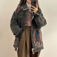 樂(lè )僖貝俫歐美復古情侶牛仔外套女2025春秋水洗工裝夾克 w05黑色 M