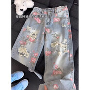 普戈斯（PUGESI）美式高街花卉破洞牛仔褲男女夏季感顯瘦褲子玫瑰滿印直筒長褲 藍(lán)色 XL