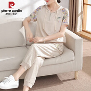 皮爾卡丹（pierre cardin）媽媽夏裝中老年女裝休閑運動服套裝洋氣新款夏季短袖大碼媽媽裝 米色套裝 2XL (建議105-120斤)
