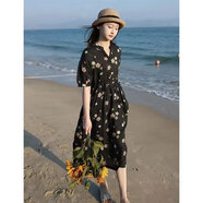 百草布出口歐美高端貨洋氣雞心領(lǐng)小雛菊印花高腰短袖苧麻文藝連衣裙 黑色 M 【建議95-115斤】