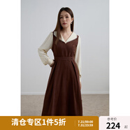 獨(dú)束大碼女裝撞色甜美娃娃領(lǐng)連衣裙冬裝新款氣質(zhì)復(fù)古風(fēng)中長(zhǎng)款裙子 茶褐色 XL
