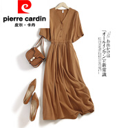 皮爾卡丹（pierre cardin）感天絲收腰棉麻連衣裙女2025夏季新款大碼亞麻苧麻V領中長裙 淺棕色連衣裙/高端連衣裙/洋氣減 M (建議100-130斤)