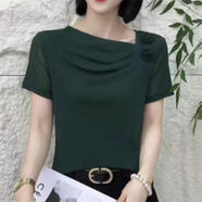 2025夏季新款花朵短袖網(wǎng)紗打底衫女T恤 修身顯瘦堆堆領(lǐng)洋氣小衫 軍綠色 5XL 【建議140-150斤】